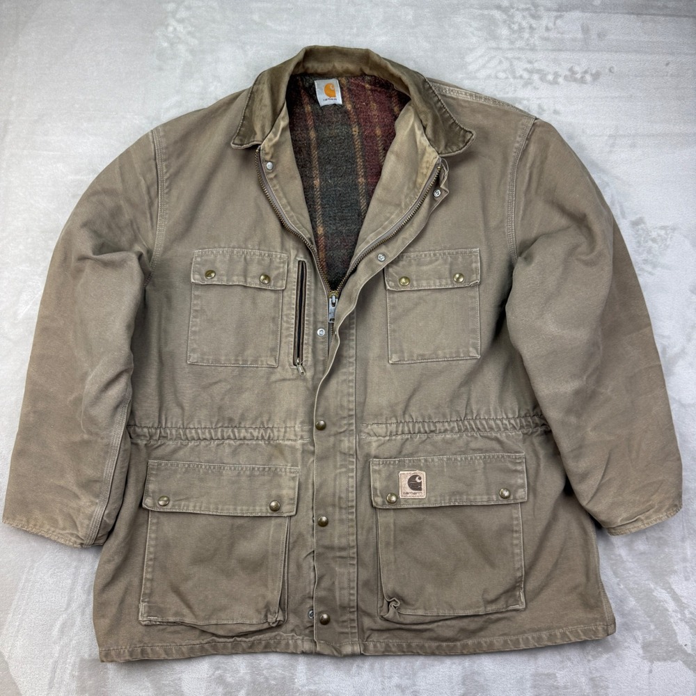 Vintage 90s Carhartt Jacket XL Chore Barn Work Blanket Lined Brown Distressed